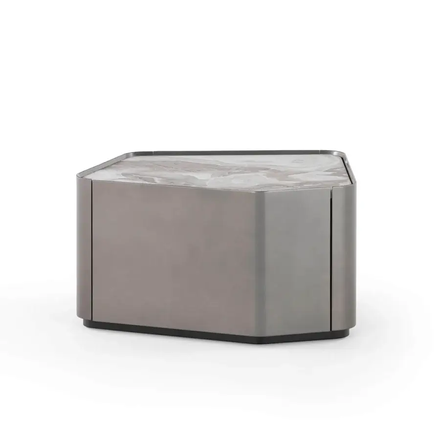 Distinguished Visionnaire Neolito nightstand with shaped wooden structure and “leather”-finish marble displaying gray and beige veining in metallic satin grayish-bronze lacquer