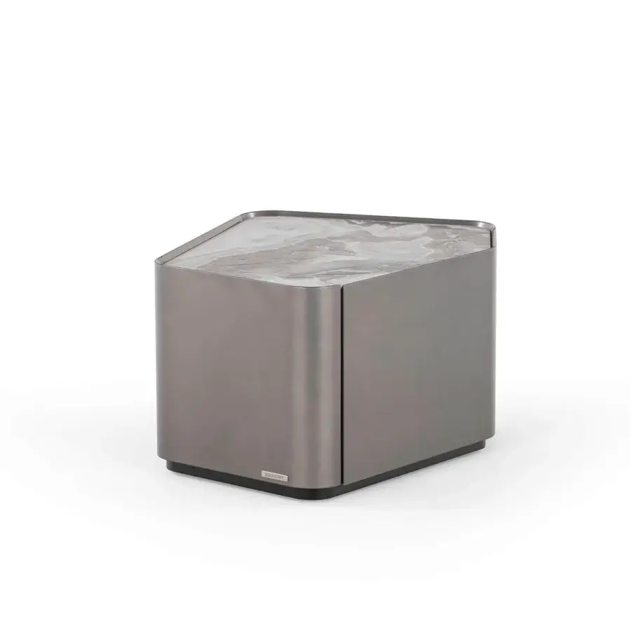 Elegant Visionnaire Neolito nightstand in metallic lacquer with unique “leather”-finish marble displaying sharply defined lines