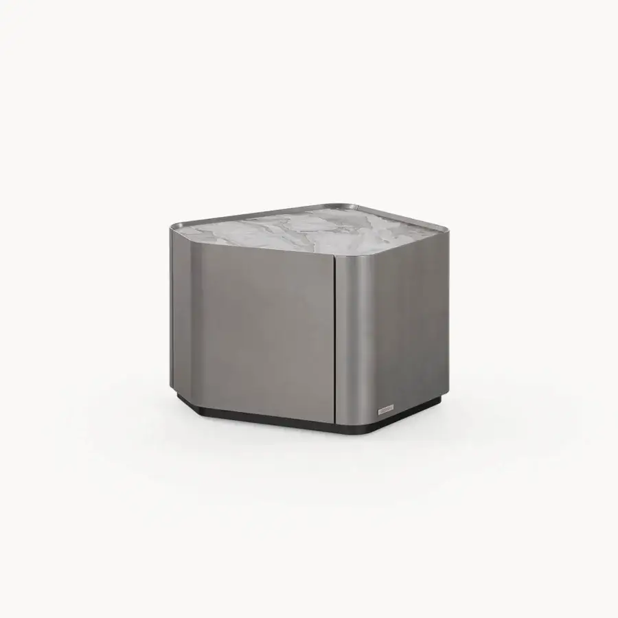 Distinguished Visionnaire Neolito nightstand crafted with shaped wood and metallic lacquer, displaying a “leather”-finish marble top with veining