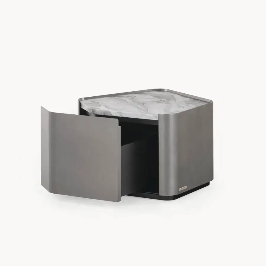 Exceptional Visionnaire Neolito nightstand with shaped wood and metallic lacquer, showcasing a “leather”-finish marble top