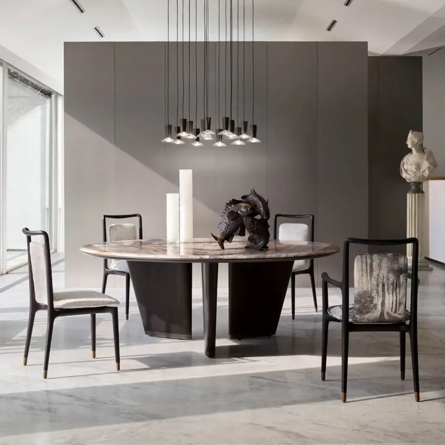 Distinguished Giorgetti Ibla chair crafted from solid ash wood with satin finish in gray and beige textile upholstery