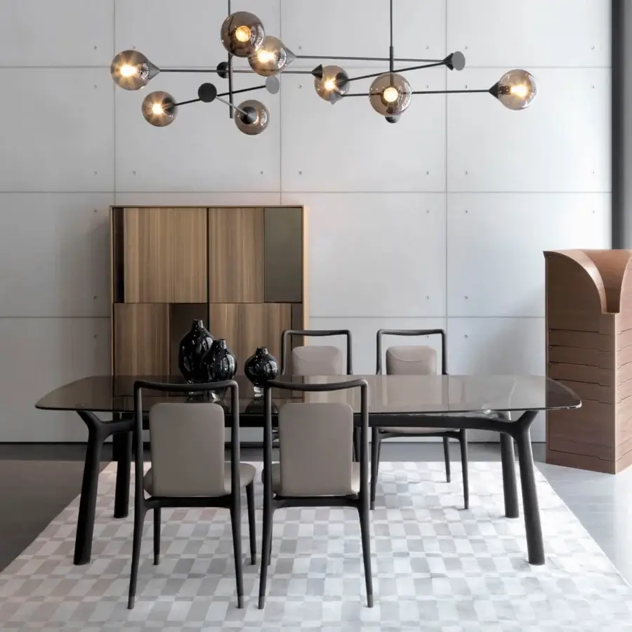Exceptional Giorgetti Ibla chair crafted from solid ash wood with satin finish in warm medium-brown and refined beige textile upholstery