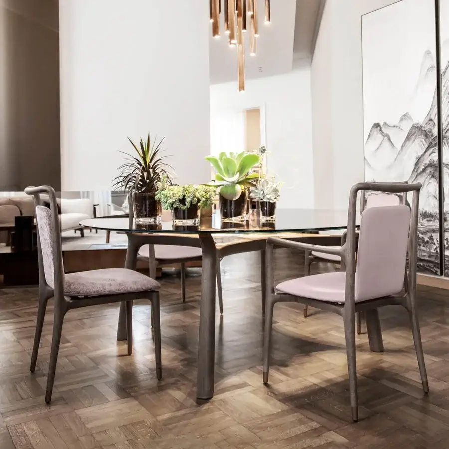 Captivating Giorgetti Ibla chair crafted from solid ash wood with satin finish in pale pink textile upholstery