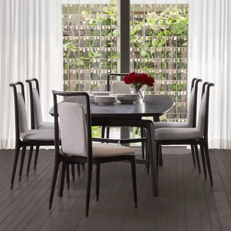 Superior Giorgetti Ibla chair crafted from solid ash wood with neutral gray textured fabric and satin finish
