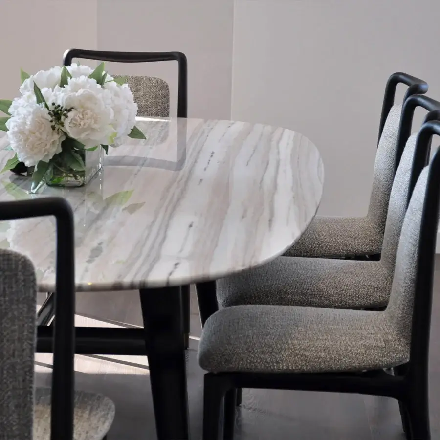 Distinguished Giorgetti Ibla chair crafted with solid ash wood and subtly textured gray textile upholstery