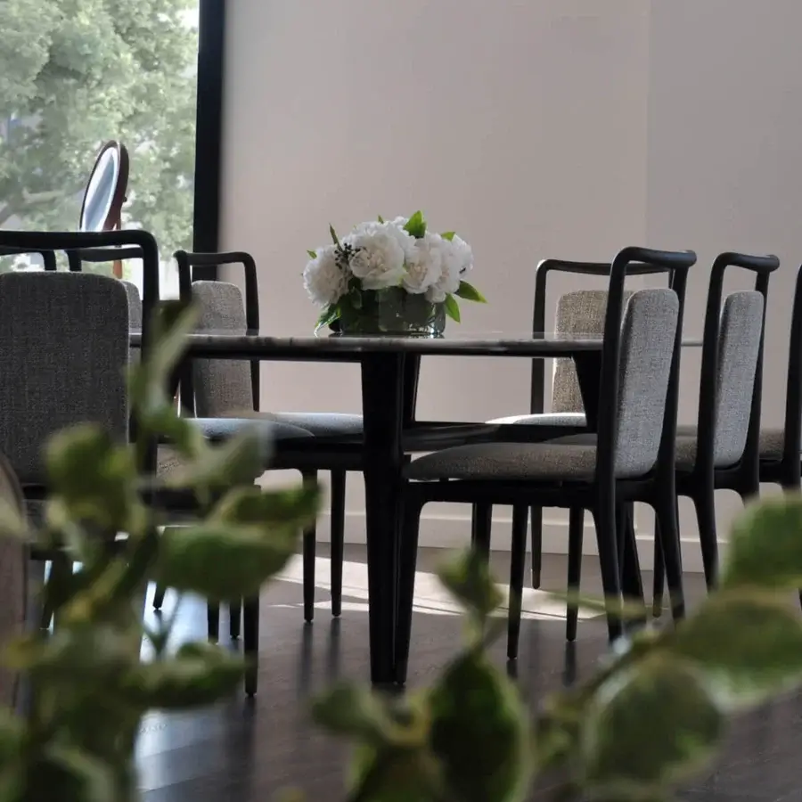 Exceptional Giorgetti Ibla chair crafted with solid ash wood and subtly textured gray textile with a satin sheen