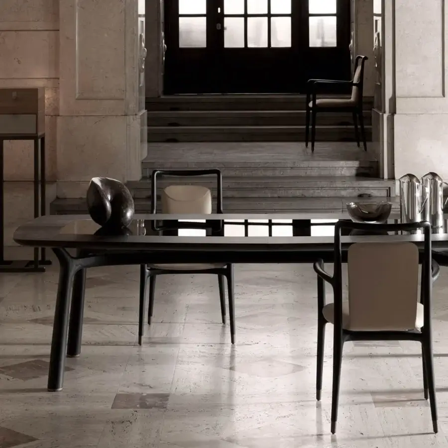 Elegant Giorgetti Ibla chair crafted from solid ash wood with a satin finish and refined gray textile upholstery
