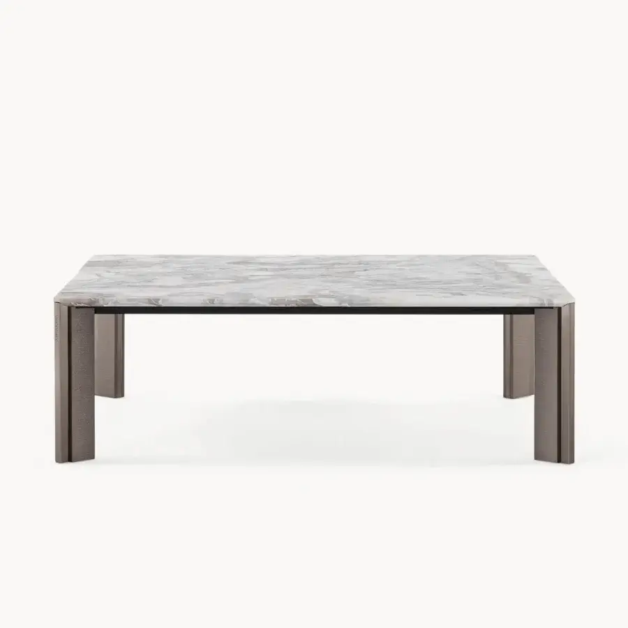 Exceptional Visionnaire Vixen coffee table with polished marble and cool grey textured aluminum legs crafted in stainless steel