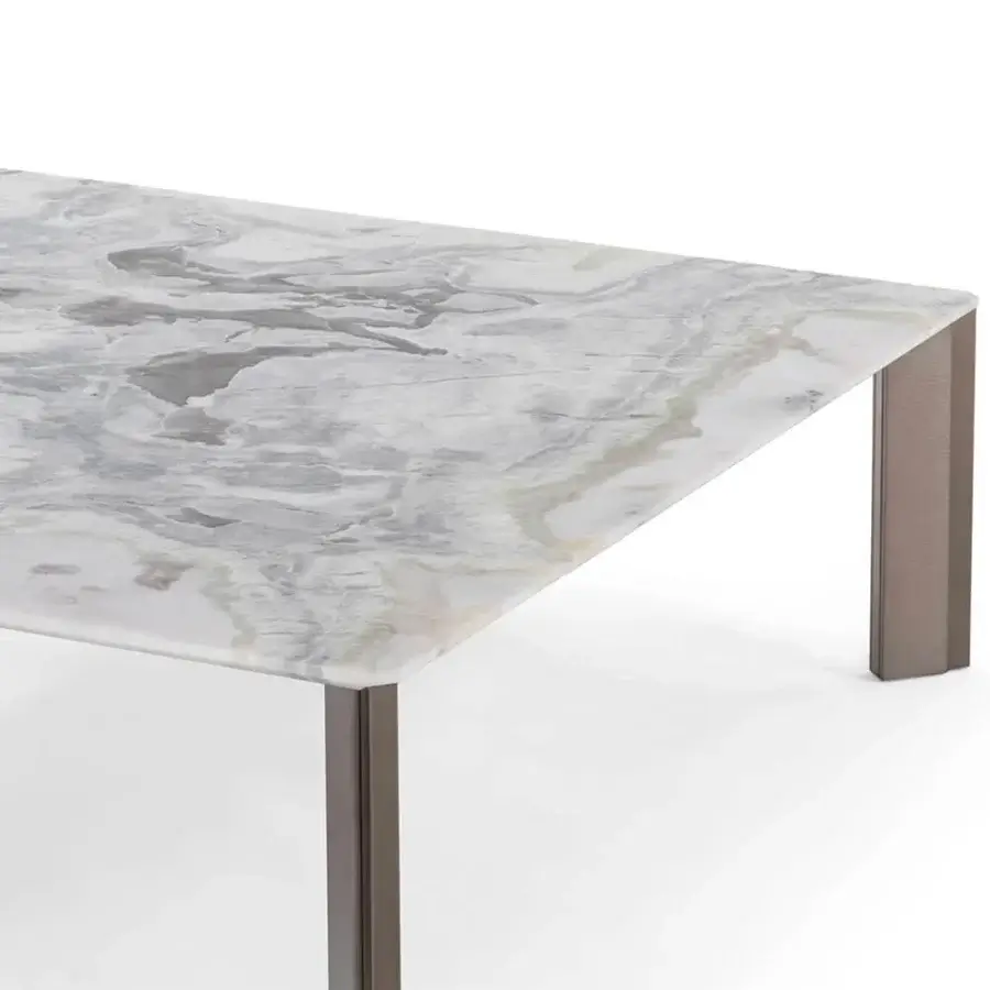 Captivating Visionnaire Vixen coffee table with polished marble displaying grey and white veining plus dark muted aluminum legs