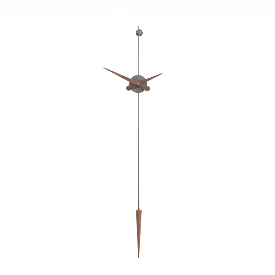 Refined Nomon Punto y Coma clock crafted in wood and metal with a smooth satin finish creating an elongated silhouette