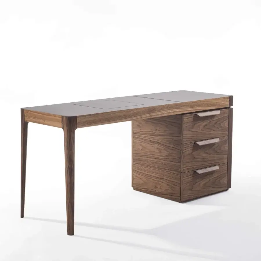 Superior Porada Afrodite Bijoux desk crafted in solid Canaletta walnut with cuoietto top and three-drawer module with natural finish