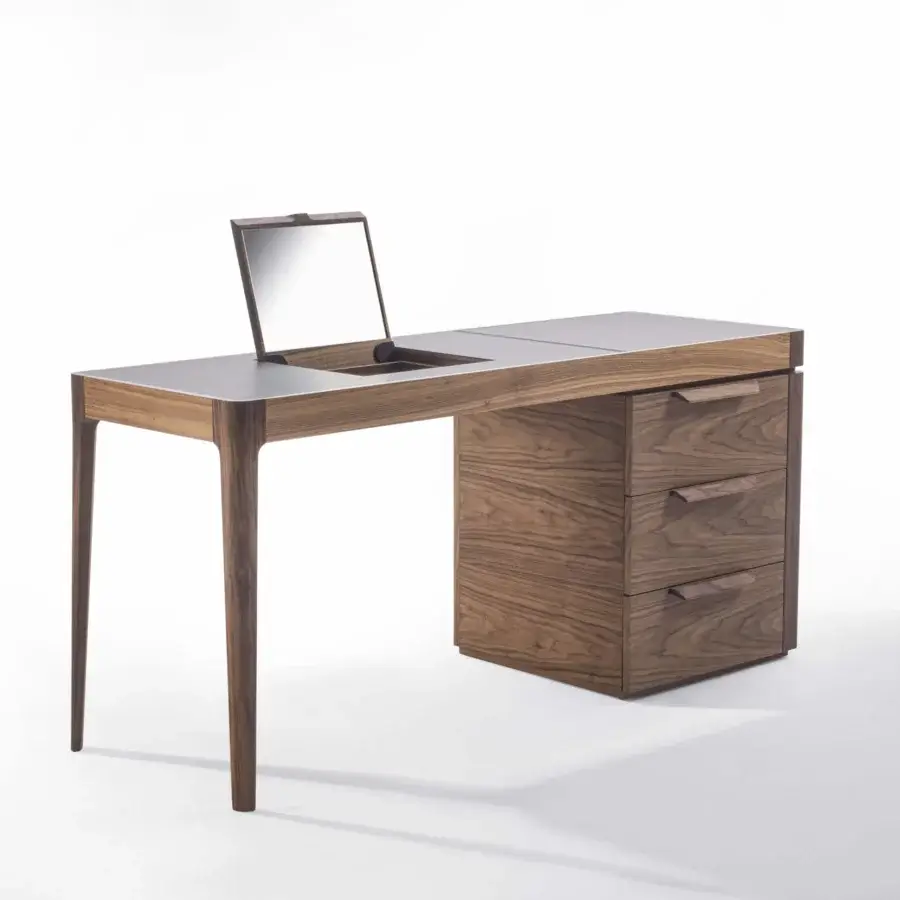 Distinguished Porada Afrodite Bijoux desk built in solid Canaletta walnut with a tactile cuoietto top and three-drawer module