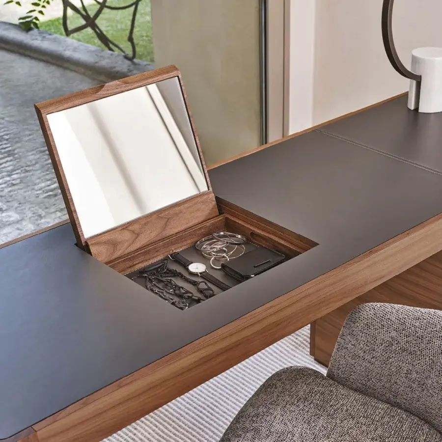 Elegant Porada Afrodite Bijoux desk crafted in solid Canaletta walnut with a dark cuoietto desktop and hidden compartment