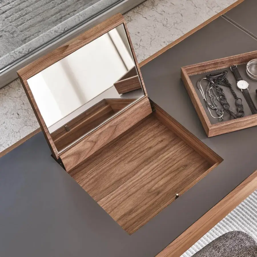 Distinguished Porada Afrodite Bijoux desk crafted in solid Canaletta walnut with a natural finish and tactile cuoietto surfaces