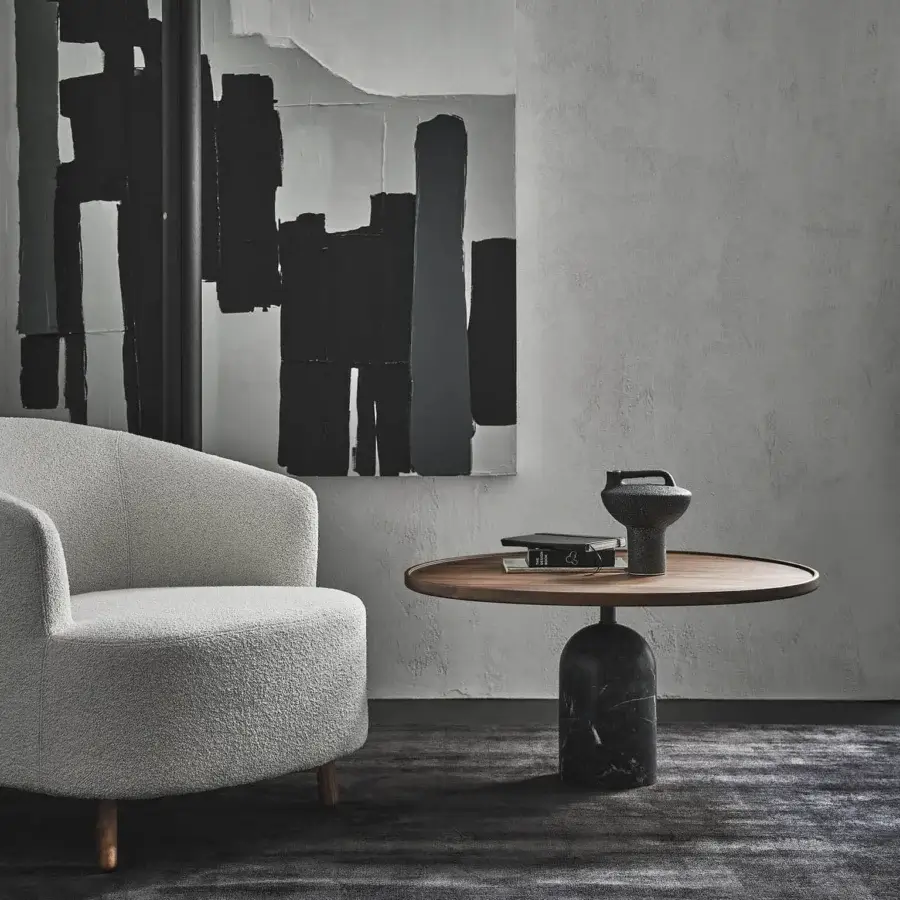 Superior Porada Ekero XL coffee table with round Canaletto walnut top and cylindrical grey Carnico marble base crafted in Italy