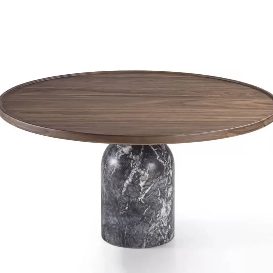 Superior Porada Ekero XL coffee table with round Canaletto walnut top and cylindrical white Carrara marble base