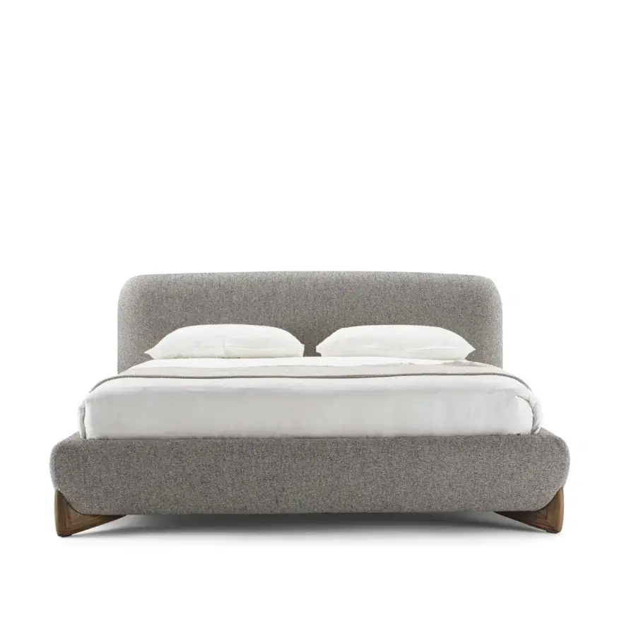 Superior Softbay Bed Max bed with muted gray textile upholstery and gracefully wrapped canaletto walnut base