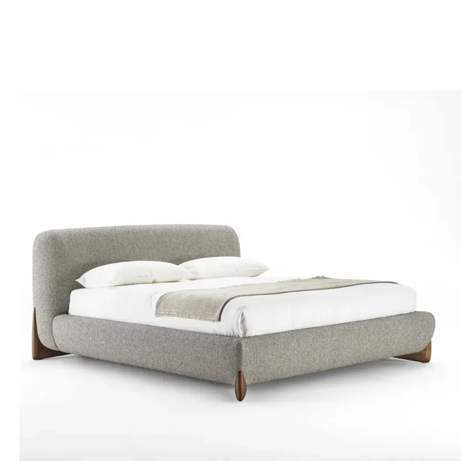 Distinguished Softbay Bed Max bed with heathered neutral gray textile upholstery and canaletto walnut or ash legs crafted in Italy
