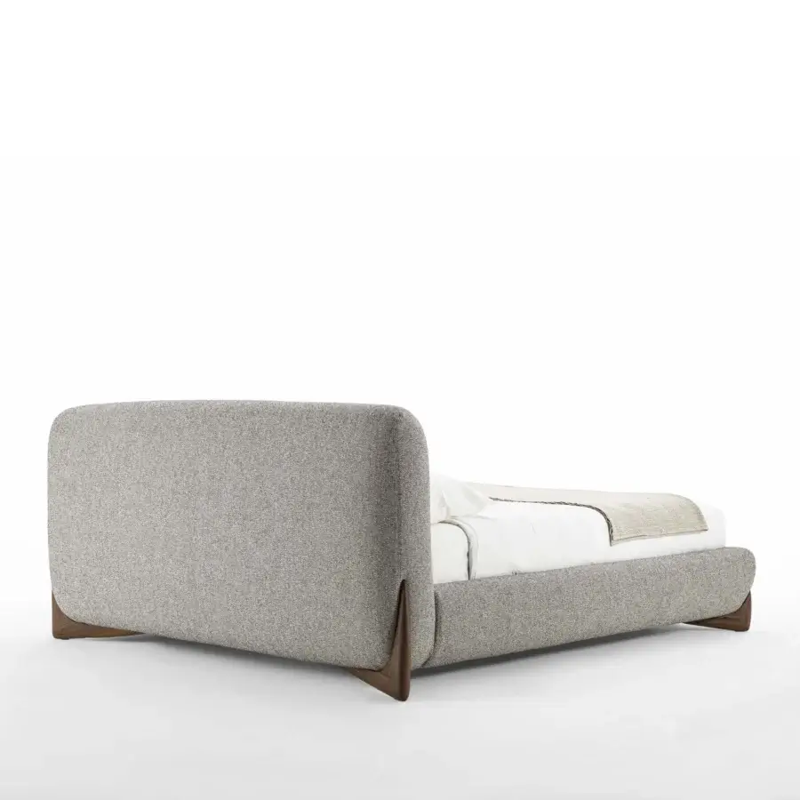 Captivating Softbay Bed Max bed with neutral gray textured textile upholstery and satin-finish canaletto walnut legs crafted with birch plywood and fir