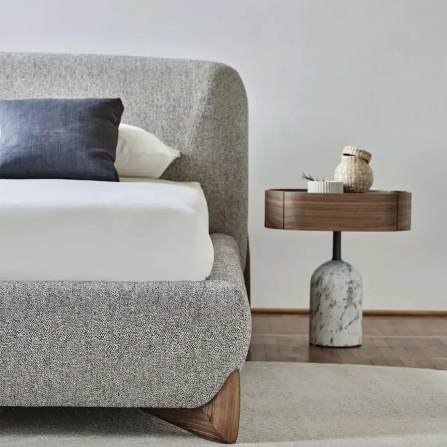 Superior Softbay Bed Max bed built with birch plywood, solid fir, and canaletto walnut with a satin finish in neutral gray textile upholstery