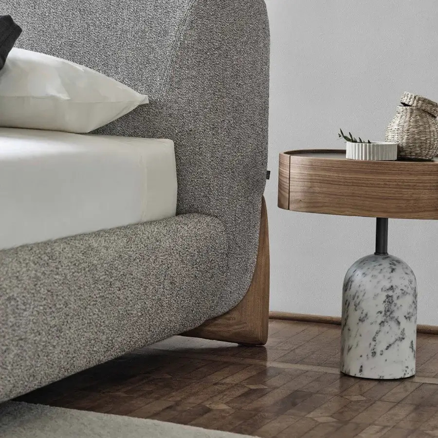 Distinguished Softbay Bed Max bed crafted with woven gray fabric and a satin canaletto walnut base