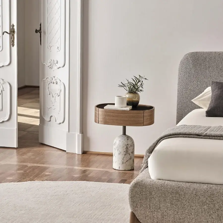 Exceptional Softbay Bed Max bed built with solid canaletto walnut legs, a warm brown wood tabletop, and cool grey marble-like base with satin finish
