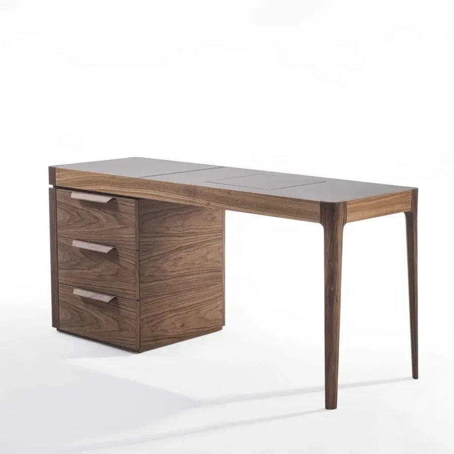 Distinguished Porada Afrodite Bijoux desk crafted from solid Canaletta walnut with a natural finish and cuoietto tabletop