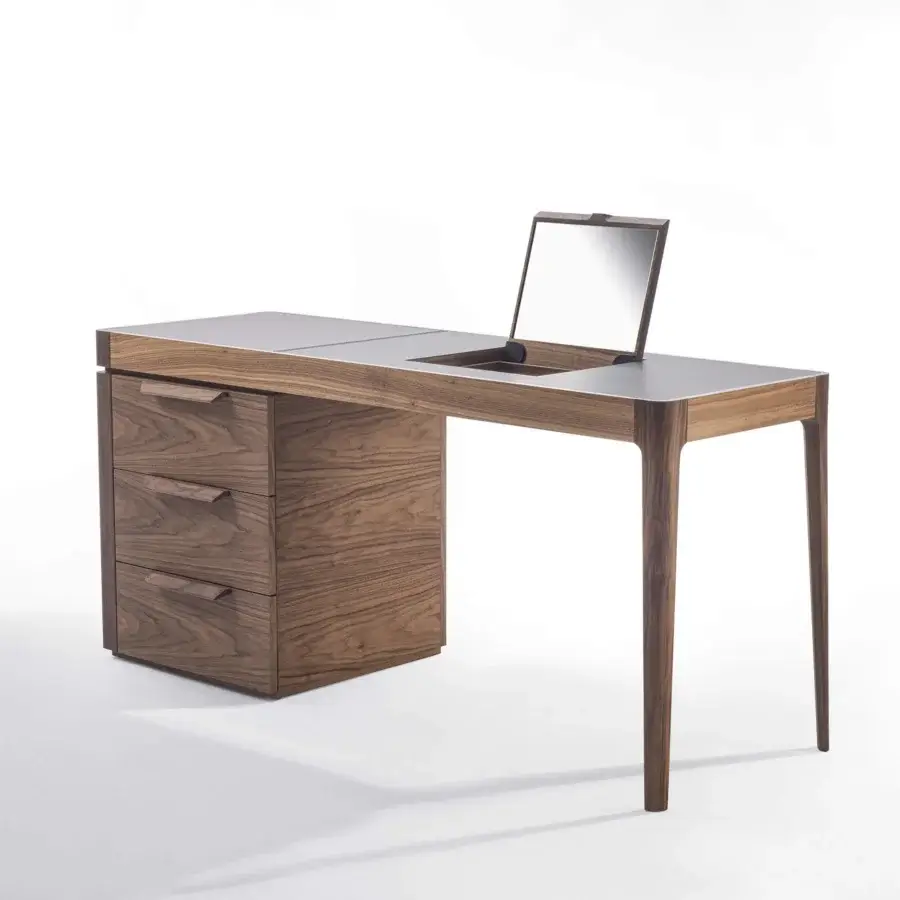 Exceptional Porada Afrodite Bijoux desk built with solid Canaletta walnut and gray cuoietto detailing in a natural finish