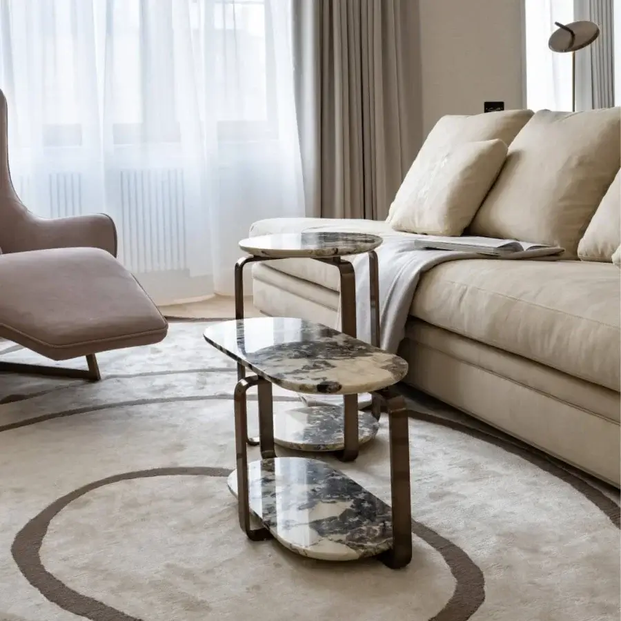Superior Visionnaire Button coffee and side table with double hand-polished marble tops and curved satin stainless steel base