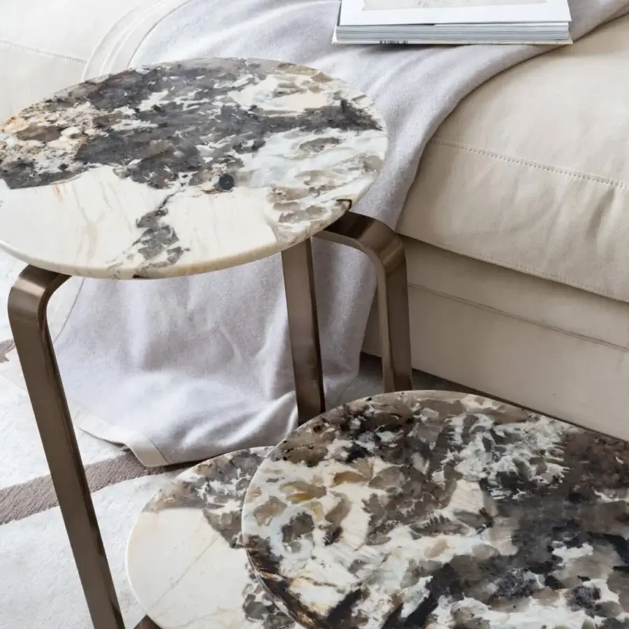Distinguished Visionnaire Button coffee and side table with double hand-polished beige, cream, and gray veined marble tops in satin bronze tone stainless steel