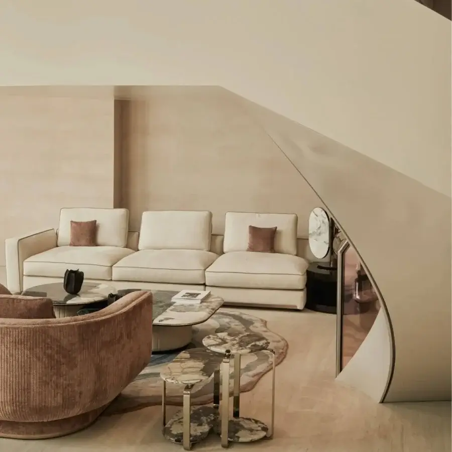 Exceptional Visionnaire Button coffee and side table with swirling brown, beige and grey hand-polished marble tops and curved polished stainless steel base