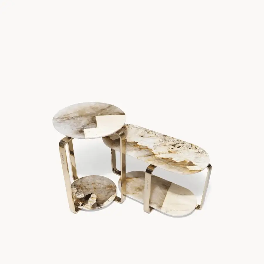 Superior Visionnaire Button coffee and side table with double hand-polished marble tops and curved polished stainless steel base