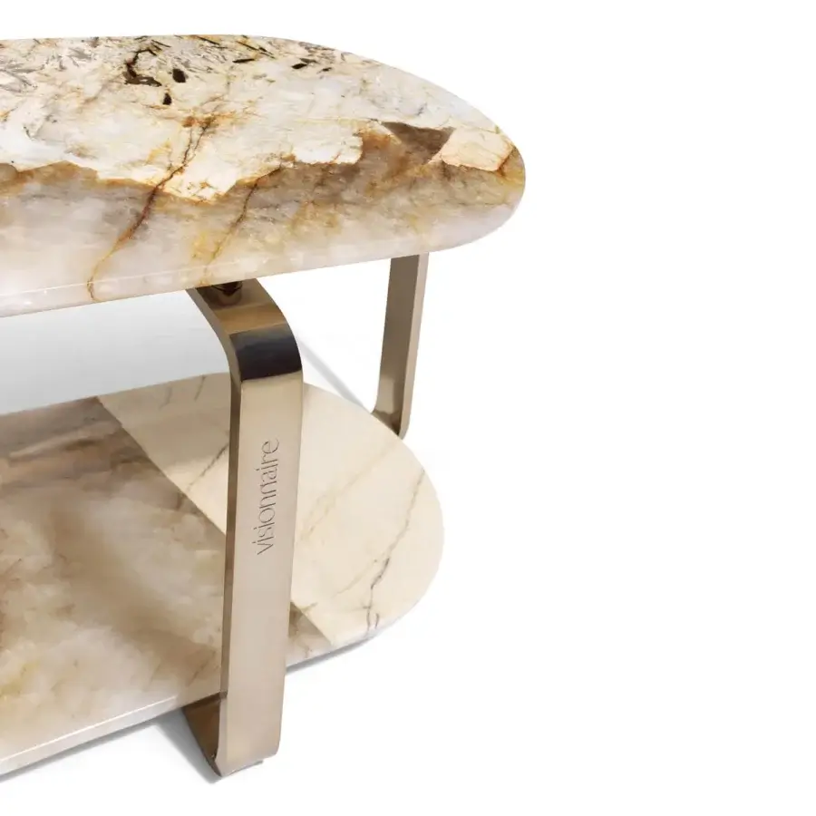 Distinguished Visionnaire Button coffee and side table with overlapping double marble tops and curved polished stainless steel base