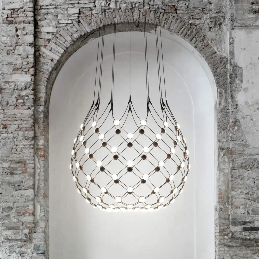 Distinguished Luceplan Mesh suspension lamp with a steel cable structure and warm white LED light sources in satin finish