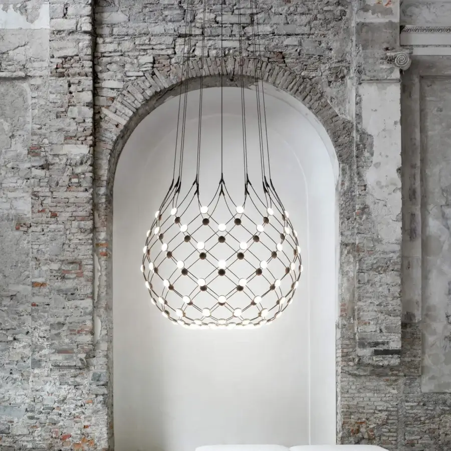Exclusive Luceplan Mesh suspension lamp with a flexible steel cable structure and dark matte metal finish
