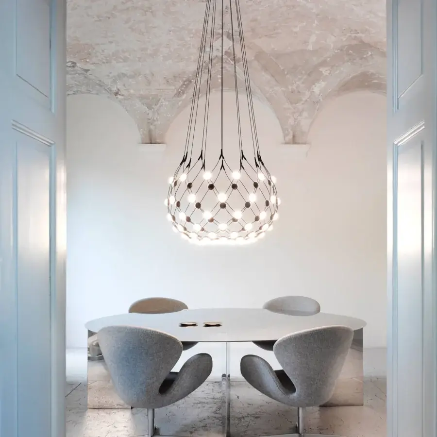 Innovative Luceplan Mesh suspension lamp with a delicate network of flexible steel cables and polycarbonate lenses in matte steel