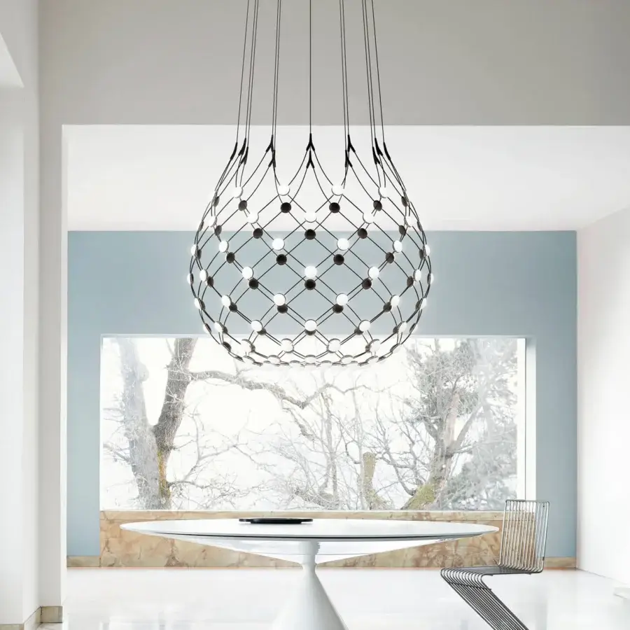 Superior Luceplan Mesh suspension lamp with a transparent structure of flexible steel cables and polished silver finish