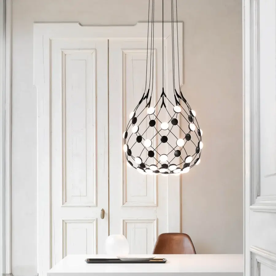 Superior Luceplan Mesh suspension lamp with a spherical framework of flexible steel cables and matte black finish
