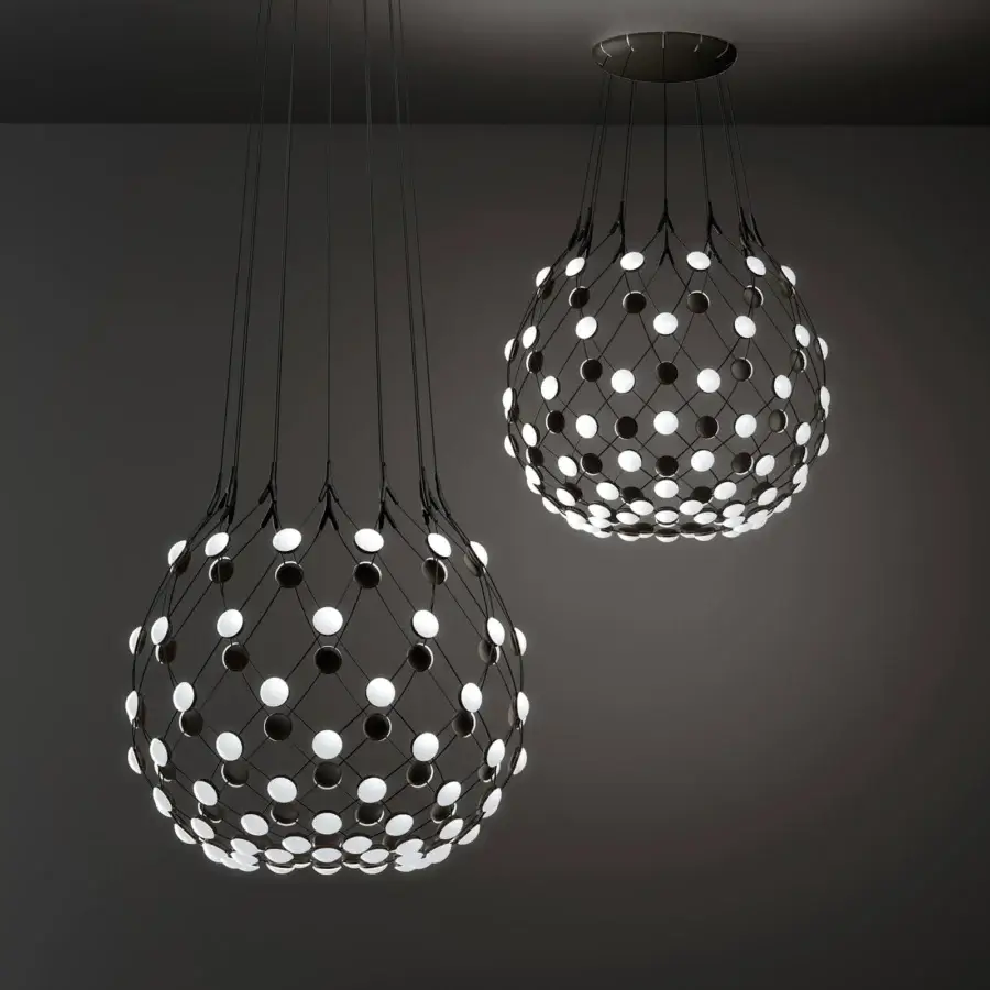 Distinguished Luceplan Mesh suspension lamp with a dark gray matte steel framework encasing bright white LED light sources crafted in Italy