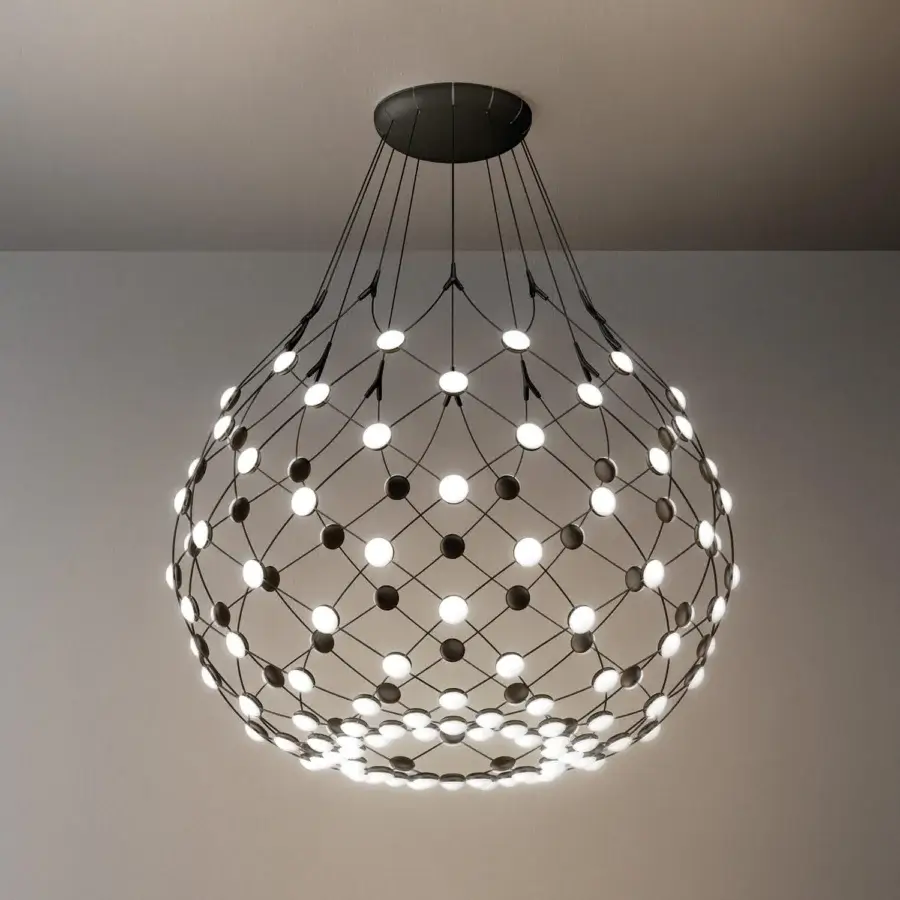 Cutting-edge Luceplan Mesh suspension lamp with a steel framework and numerous spherical lights in a satin dark gray finish