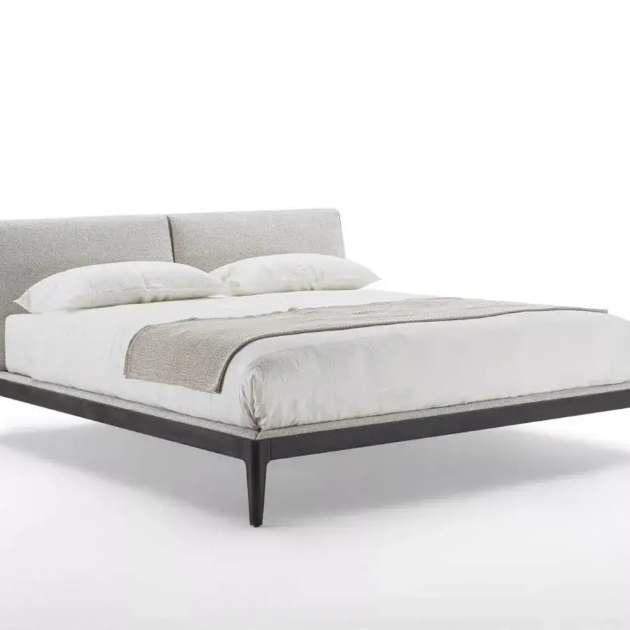 Superior Porada Ziggy Bed Soft with a solid canaletto walnut frame and light gray textured fabric upholstered headboard