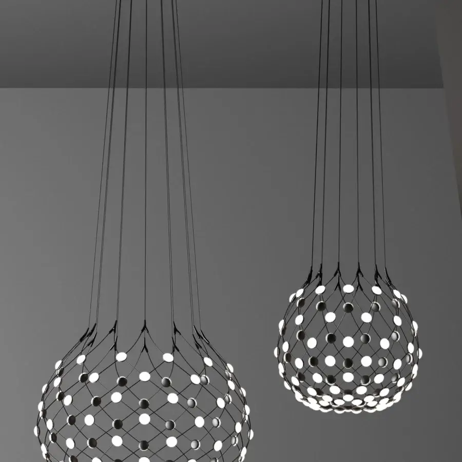 Innovative Luceplan Mesh Wireless suspension lamp in dark gray with flexible steel cables and bright LED sources