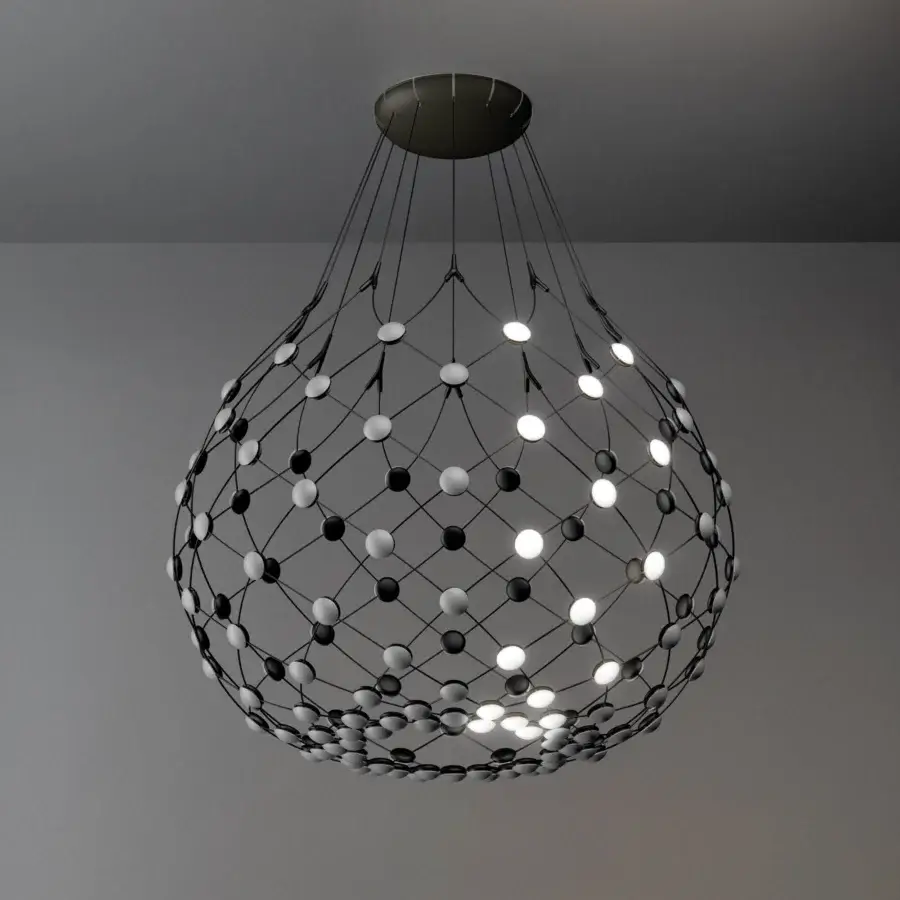 Exceptional Luceplan Mesh Wireless suspension lamp in dark metal with flexible steel cables and illuminated off-white nodes