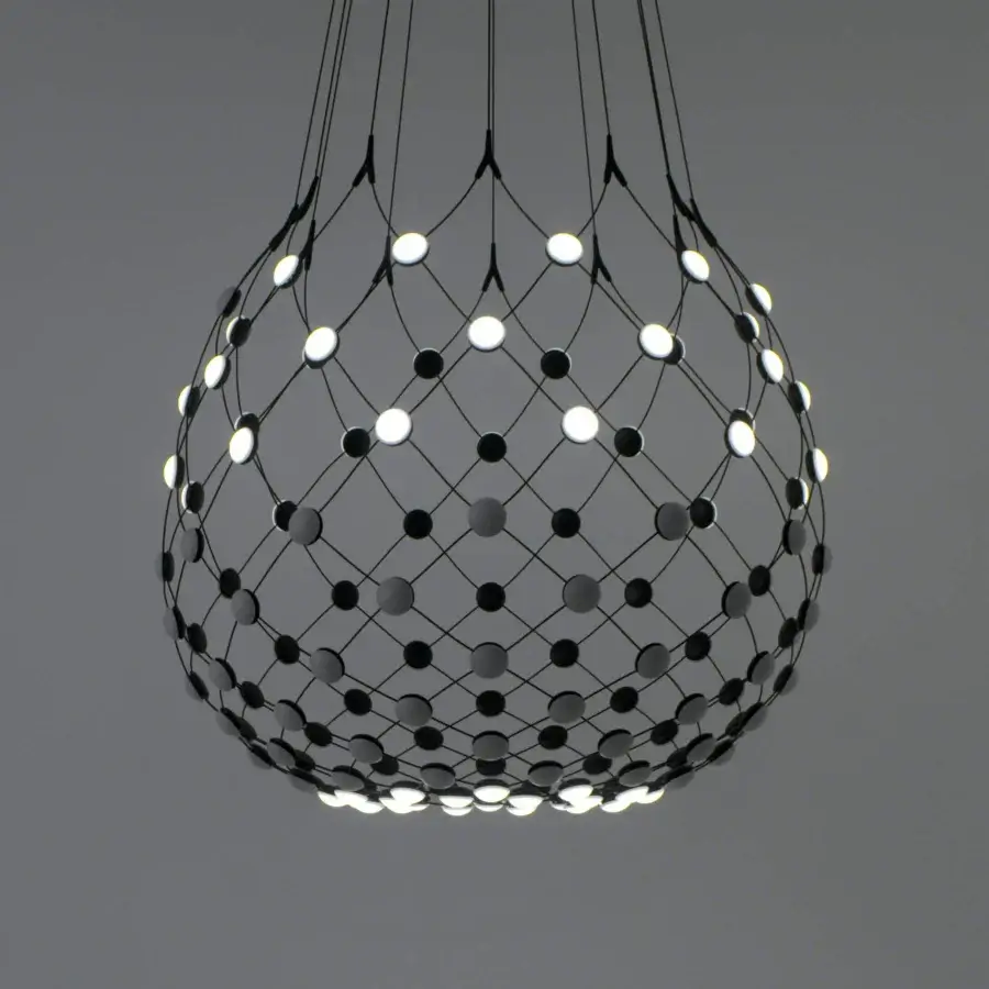 Superior Luceplan Mesh Wireless suspension lamp in dark gray with a network of flexible steel cables and polycarbonate lenses