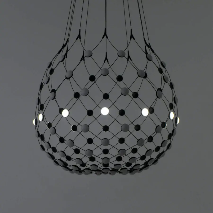 Distinguished Luceplan Mesh Wireless suspension lamp in dark gray crafted with polycarbonate lenses and flexible steel cables