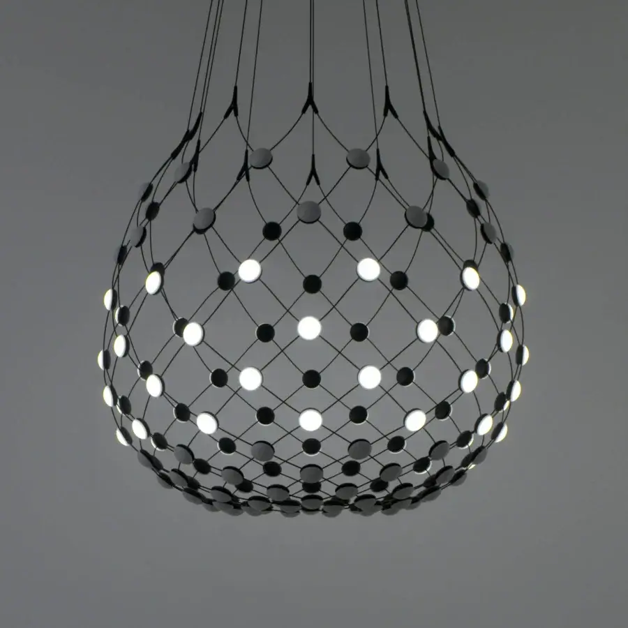 Exceptional Luceplan Mesh Wireless suspension lamp in dark matte finish crafted with flexible steel cables and polycarbonate lenses