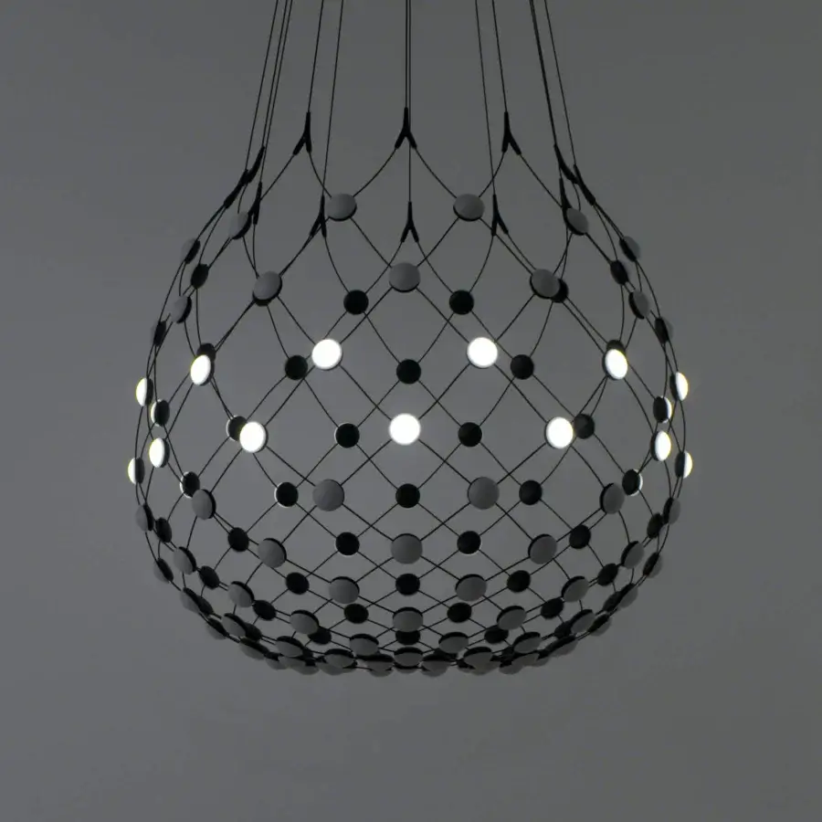 Avant-garde Luceplan Mesh Wireless suspension lamp in matte dark finish crafted with flexible steel cables and polycarbonate