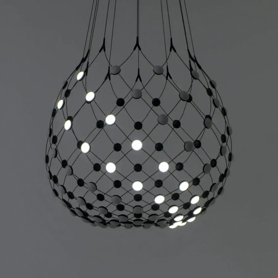 Superior Luceplan Mesh Wireless suspension lamp in matte black with flexible steel cables and integrated LED sources