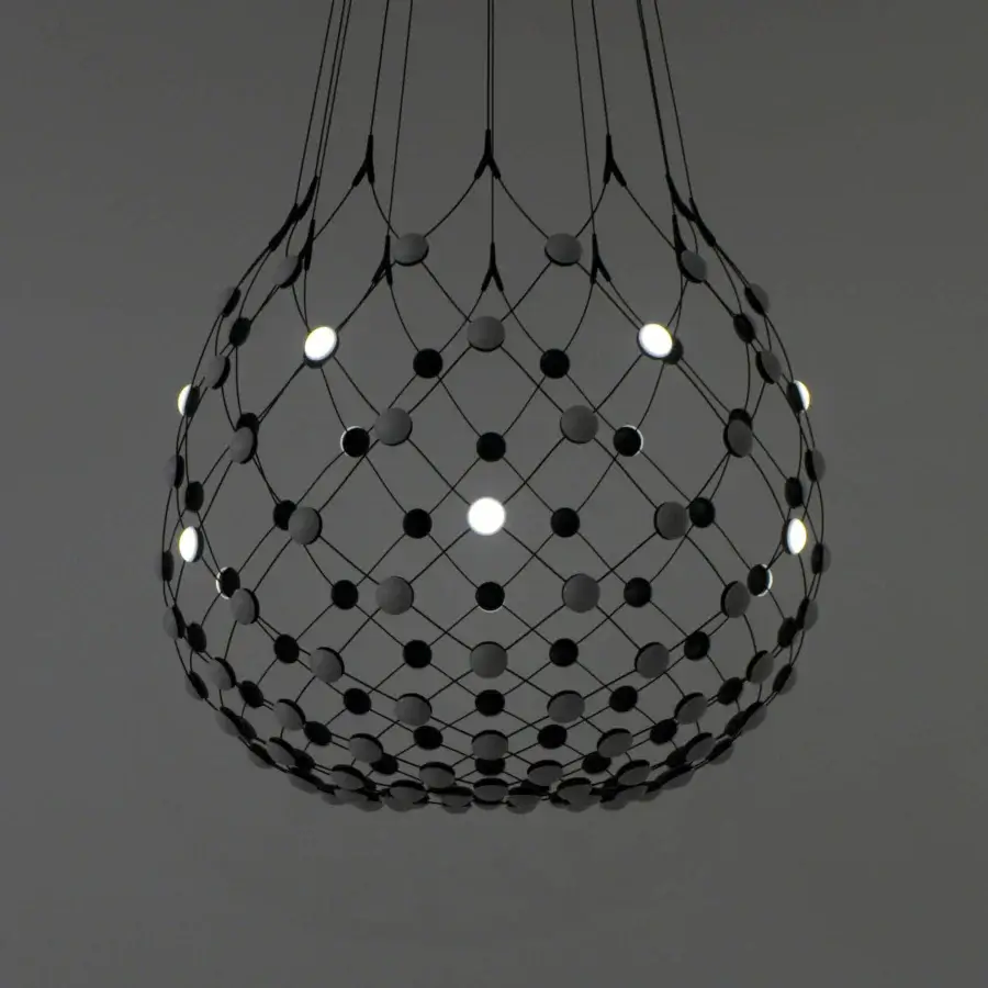 Distinguished Luceplan Mesh Wireless suspension lamp in dark gray with a network of flexible steel cables and polycarbonate lenses