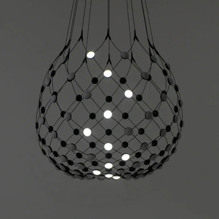Innovative Luceplan Mesh Wireless suspension lamp in dark-toned metal mesh with integrated LED sources and matte finish